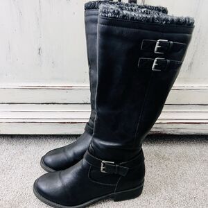 No Parking Jaqlyn Black Vegan Leather Buckled Knitted Knee High Riding Boots 7.5